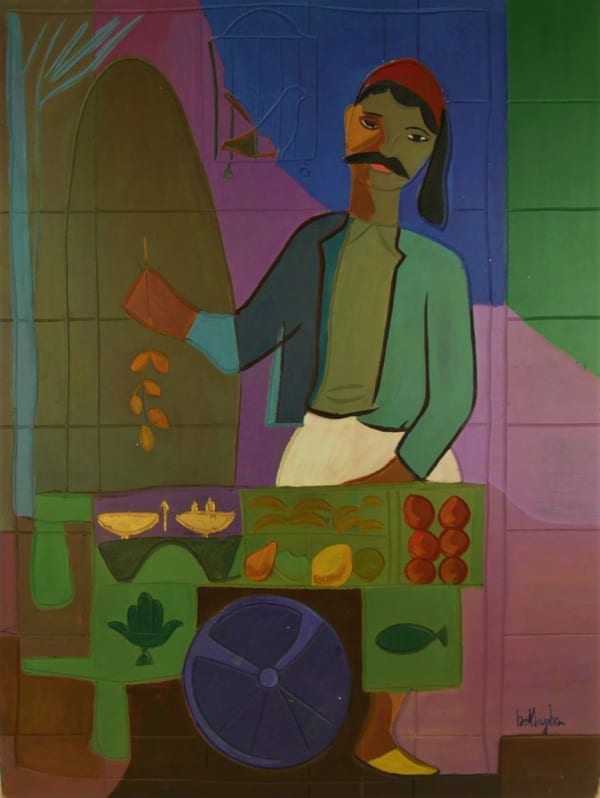 Aly Bellagha L'epicier Oil on engraved panel 84.5 x 64 cm