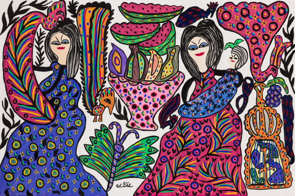 Baya Mahieddine, Femme et maternité à la cage aux oiseaux, 1985