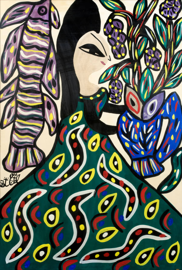 Baya Mahieddine, Femme et poisson, 1974
