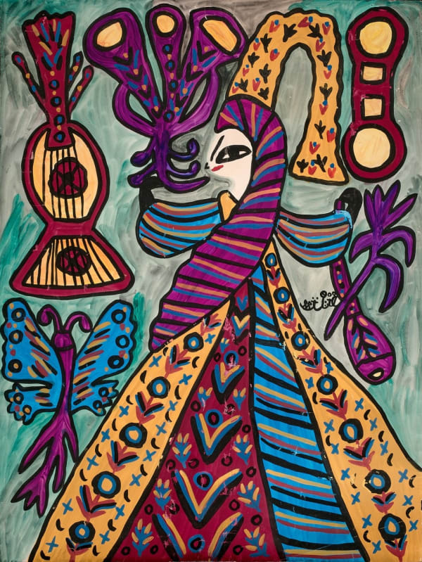 Baya Mahieddine, Femme, mandoline et papillon, 1988