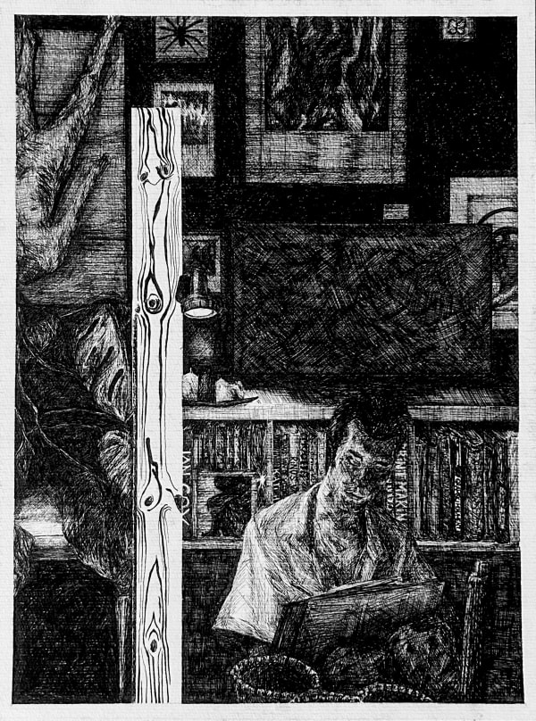 MAXIM VAN CAUWENBERGE, Self portrait while drawing, 2025