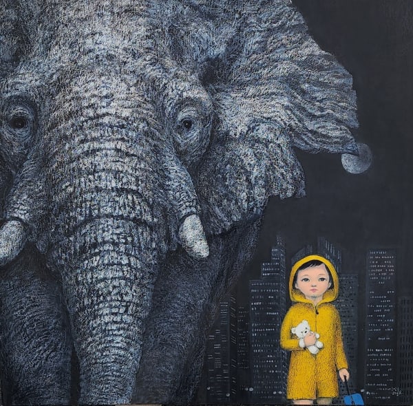 윤형호 새벽을 걷는 작은 별, 2023 mixed media on canvas 110 x 110 cm