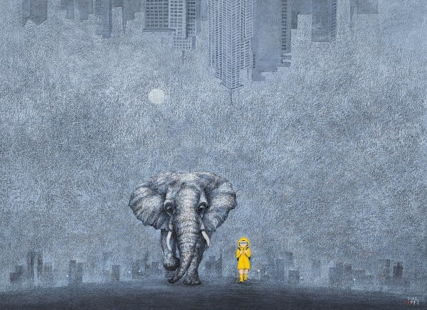 윤형호 새벽을 걷는 작은 별, 2022 mixed media on canvas 108 x 78 cm