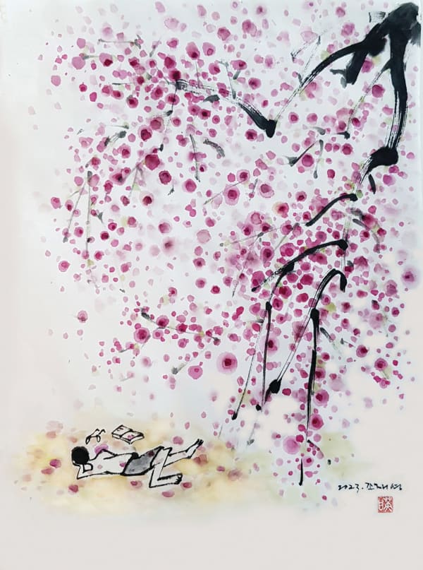 조재영 꽃비, 2023 화선지 위에 동양화물감 35 cm x 25 cm