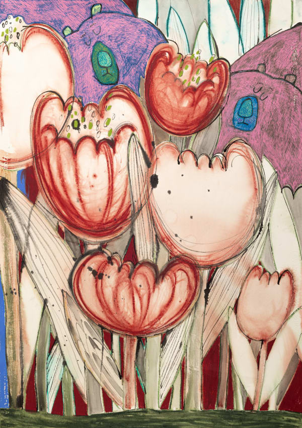 김펄 꽃밭에서, 2024 종이에 채색 혼합재료 100 x 71 cm