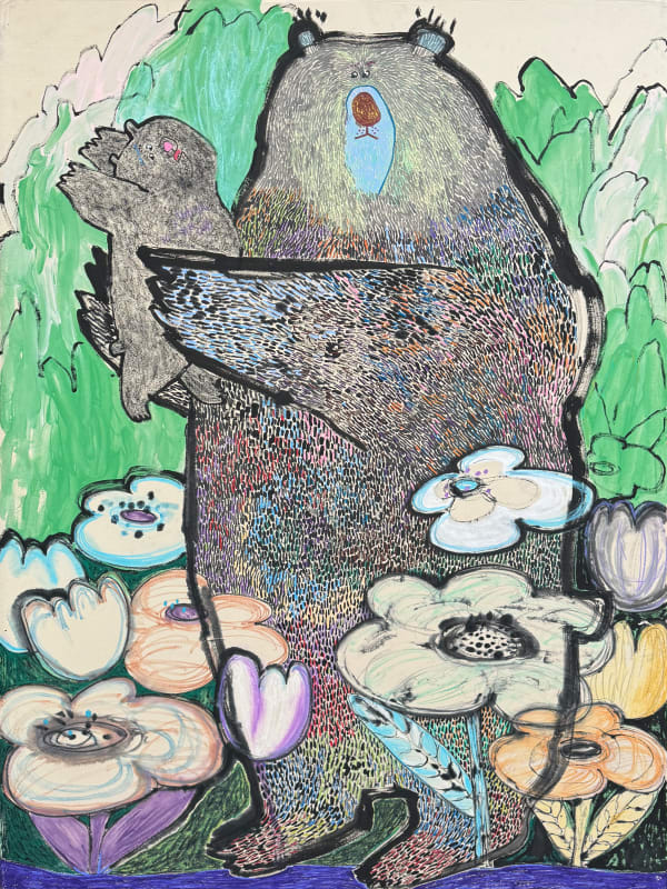 김펄 꽃을 보여주는 곰, 2023 장지에 먹 채색 혼합재료 200 x 150 cm