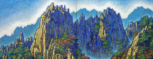 신장식 금강산 만물상, 2019 acrylic on canvas and Korean paper 291 x 112 cm