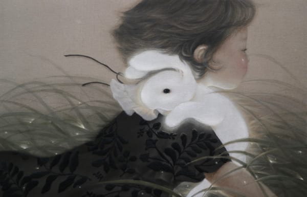 박지혜 Hug, 2025 Ink, gouache, thread, and oil pastel on linen 65.1 x 100 cm