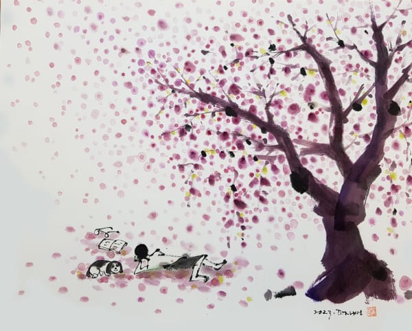 조재영 꽃비 2, 2023 화선지 위에 동양화 물감 34 cm x 45 cm