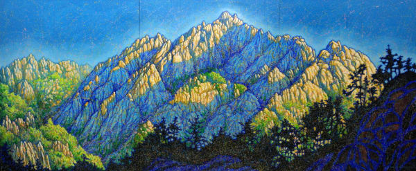 신장식 금강산 옥류동, 2022 acrylic on canvas and Korean paper 391 x 162 cm