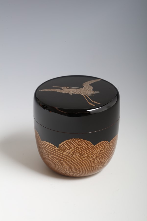 Tea Caddy with Egret over Waves