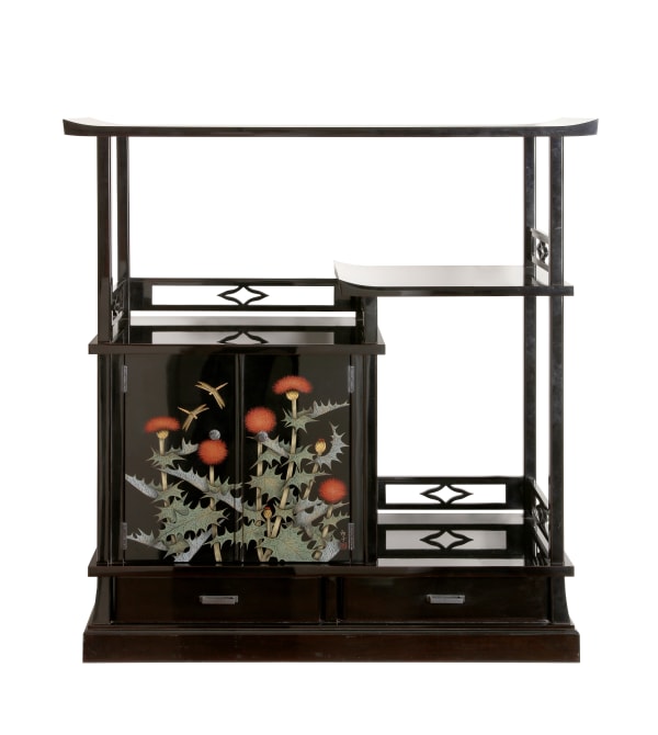 Shelf for Cosmetic Boxes with Design of Dragonflies and Thistles
