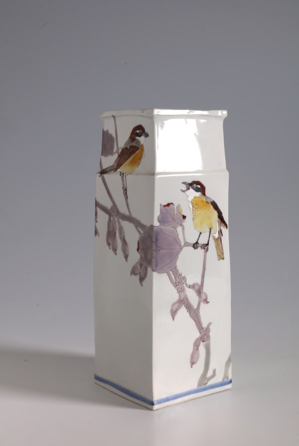 Square Vase with Bull-Headed Shrikes on Tree Branches