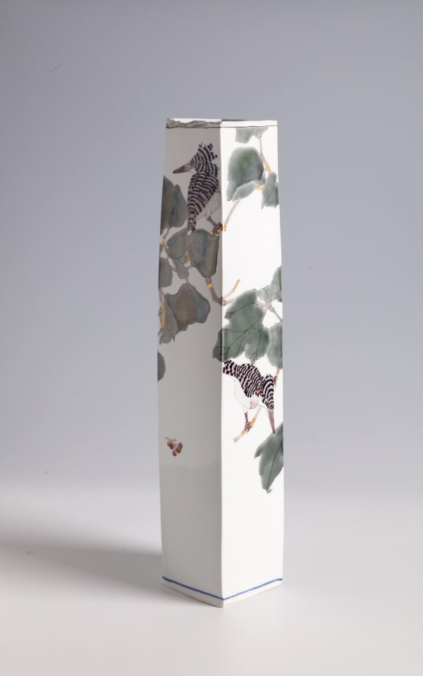 Rectangular Vase with Crested Kingfishers