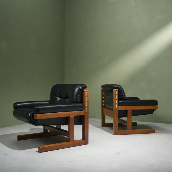 Unknown, Cubist Lounge Chairs in Stained Solid Oak and Black Upholstery, Europe, 1970s