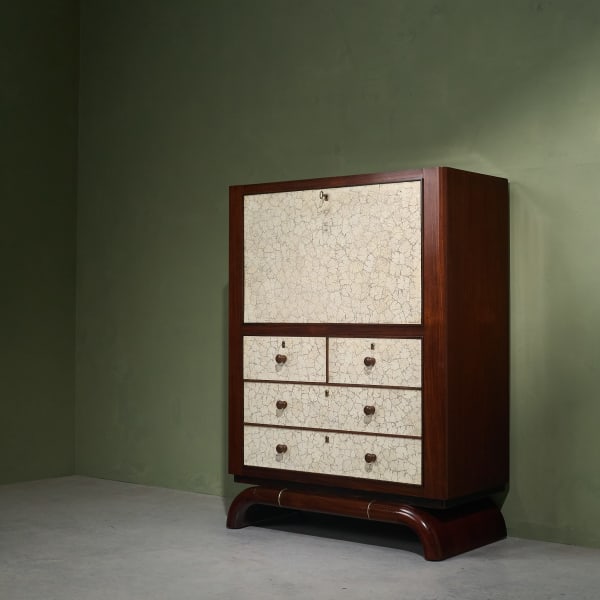 Aldo Tura, Early and Rare Eggshell Cabinet with Illuminated Sectretaire, Italy, 1940s
