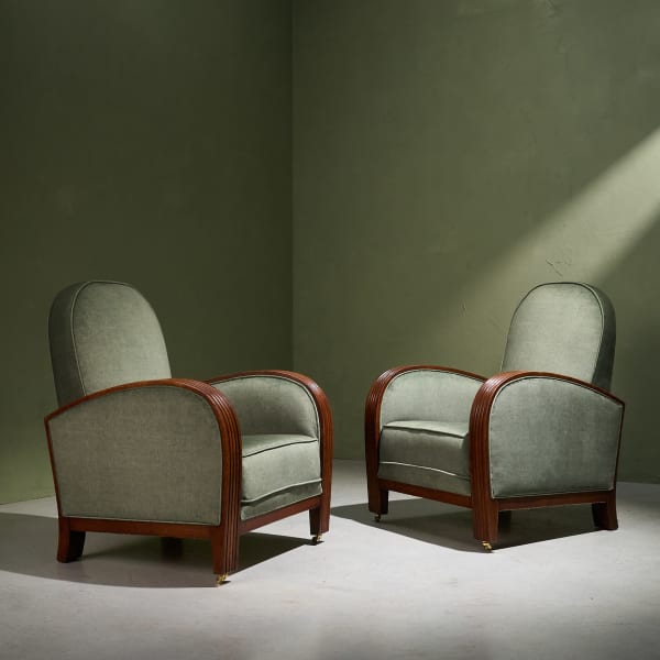 Pair of Art Deco Lounge Chairs in Sage Upholstery and Solid Oak Frame, The Netherlands, 1930s