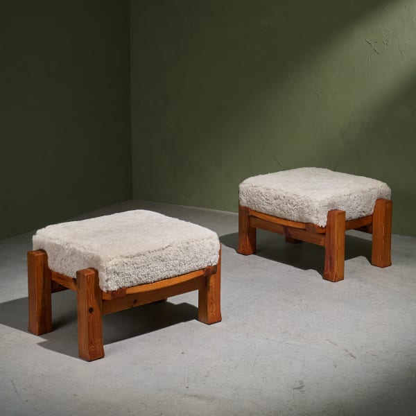 Unknown, Pair of Large Ottomans in Solid Pine and Sheepskin Cushion, Sweden, 1950s/1960s
