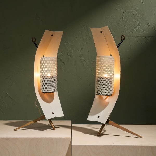 Gastone Colliva, Pair of Sculptural Table/Wall Lamps In Brass and Perforated Metal, Italy, 1950s