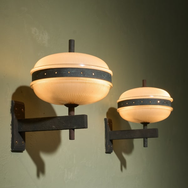Pair of Wall Lights in Patinated Metal and Structured Glass, Italy, 1960s