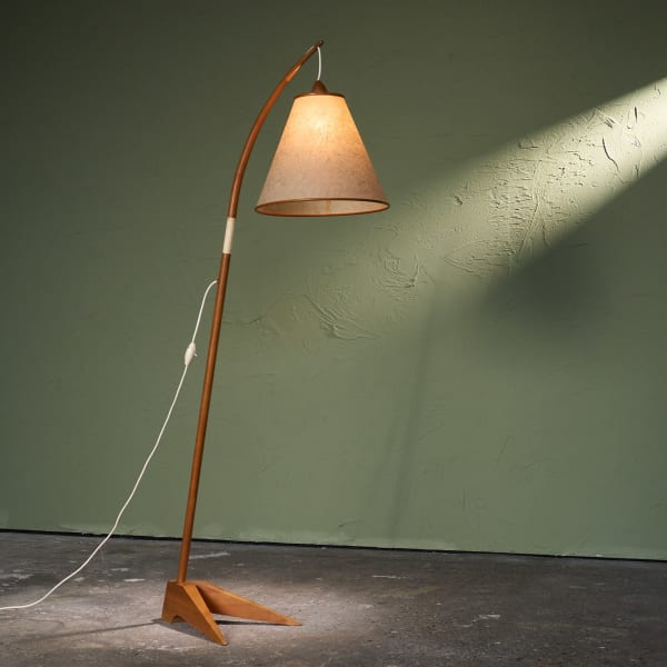 Floor Lamp with Wooden Stem and Fiberglass Shade, Scandinavian, 1950s