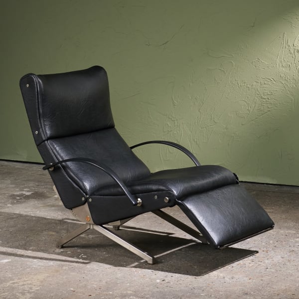Osvaldo Borsani, 'P40' Lounge Chair in Stainless Steel and Black Faux Leather, Tecno, Italy, 1950s