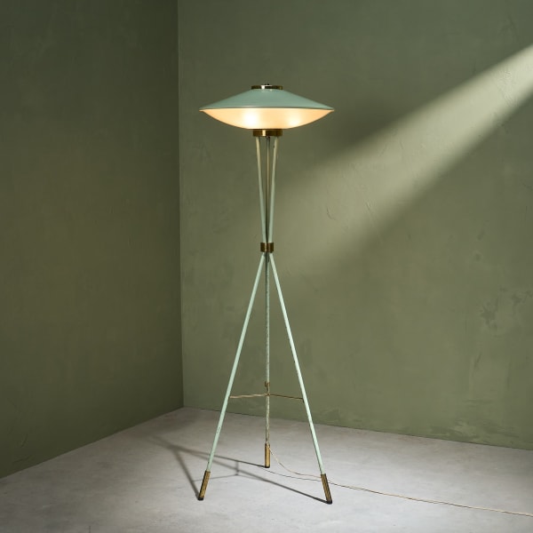 Stilnovo, Sage Green Lacquered Floor Lamp with Brass Details, Italy, Circa 1955