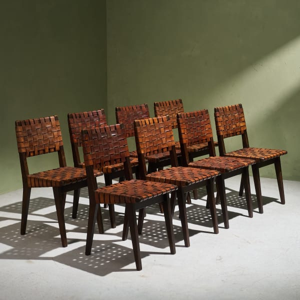 Jens Risom, Set of 8 Chairs in Patinated Cognac Leather and Stained Oak, United States, Late 1940s
