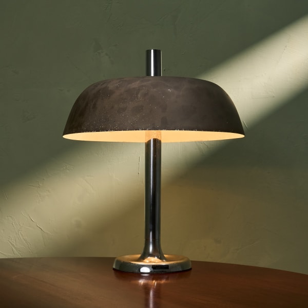 Heinz F.W. Stahl, Large Table Lamp with Patinated Shade and Chrome Plated Metal Base for Hillebrand, Germany, 1960s