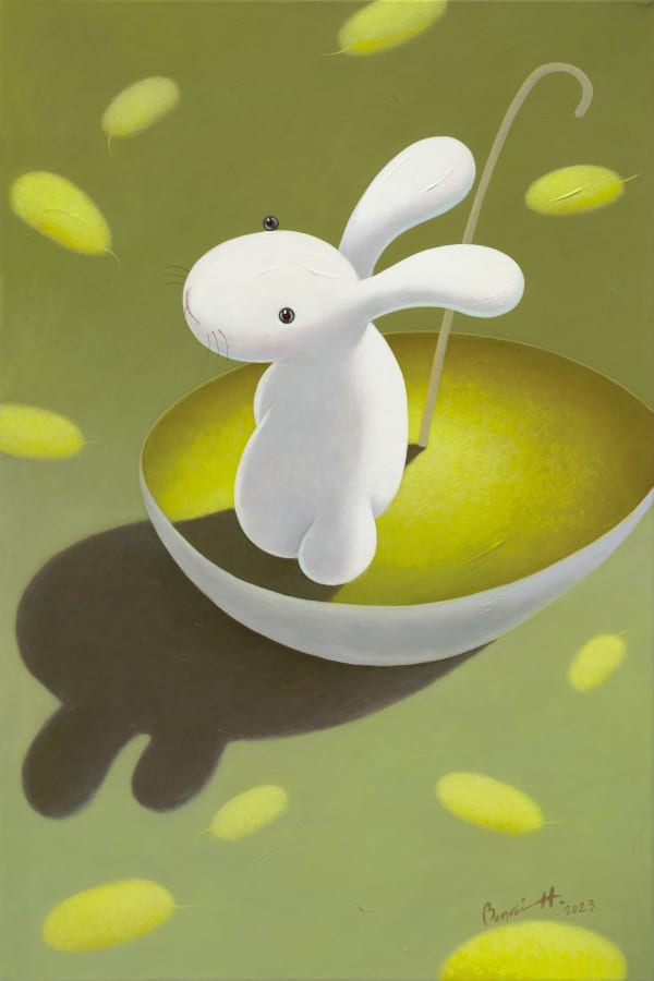 黃本蕊 Benrei HUANG 金葉已安妥，然後呢？ The golden wings have all been distributed, what now?, 2023 壓克力顏料／畫布 Acrylic on canvas 91.5 x 61 cm