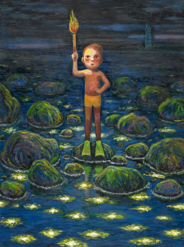 幾米 Jimmy Liao 當我幫世界的黑暗，點亮光明 When I Illuminate the World's Darkness, 2023 油彩／紙 Oil on paper 76.5 x 57 cm