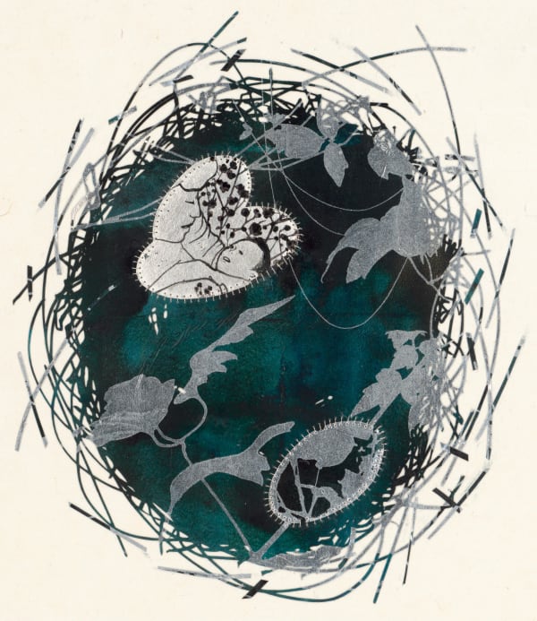 黃至正 HUANG Chih Cheng 巢 6 Nest 6, 2024 繡線、墨、顏料墨水、水性顏料、鋁箔、銀箔、楮皮紙、韓國壯紙 Embroidery, ink, pigment ink and watercolor on aluminum foil, silver foil, mulberry paper and jangji paper 15 3/4 x 13 5/8 in 40 x 34.5 cm