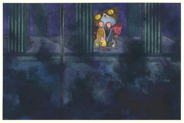 幾米 Jimmy Liao 貓空 Cat Sky 壓克力顏料、水彩、油性簽字筆／紙 Acrylic, watercolor and marker on paper 14 1/8 x 21 3/8 in 36 x 54.2 cm