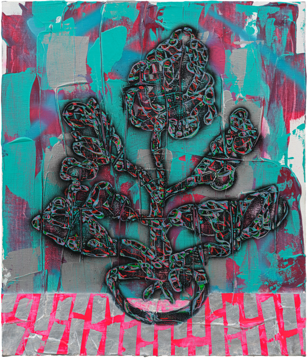 劉文豪 LIU Wen Hao 黑色的盆栽在自由的磁磚上面 I Black Vase On Top of Free Tile I, 2023 壓克力顏料、噴漆/畫布 Acrylic and spray paint on canvas 55 x 49 cm