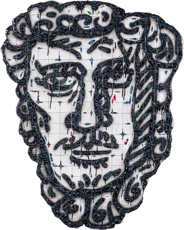 劉文豪 LIU Wen Hao 石膏像 亞歷山大-正面 Plaster Cast of Alexander - Front View, 2024 壓克力顏料、噴漆/畫布裱於不規則木板 Acrylic and spray paint on canvas mounted on irregular wooden board 111 x 88 cm