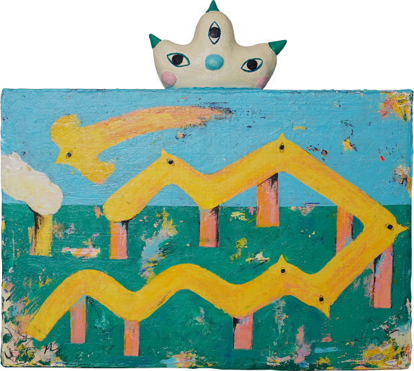 吳騏 57 平衡木 Balance Beam , 2023 壓克力顏料、陶土／畫布 Acrylic and potter's clay on canvas 9 x 10 in 23 x 25.5 cm