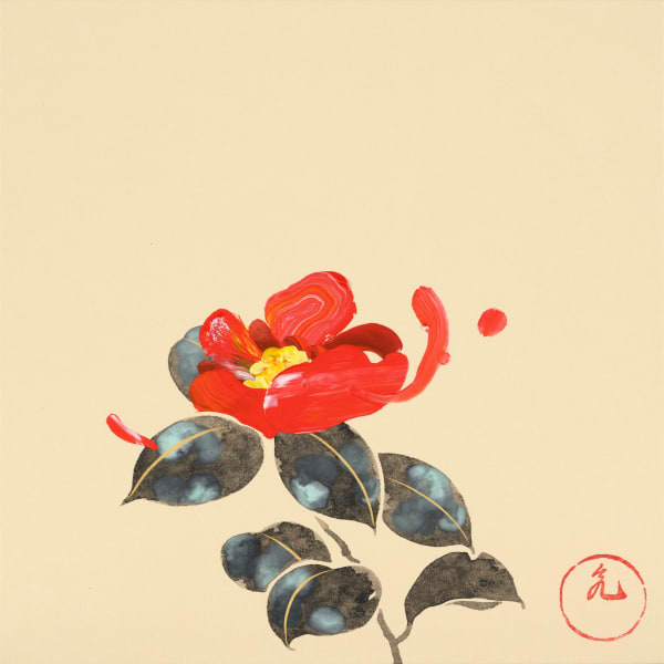 品川亮 RYO SHINAGAWA 雪椿 Yukitsubaki (Camellia), 2023 天然礦物顏料、墨、壓克力顏料、金泥/紙 Natural pigment, ink, acrylic and gold on paper 11 3/4 x 11 3/4 in 30 x 30 cm