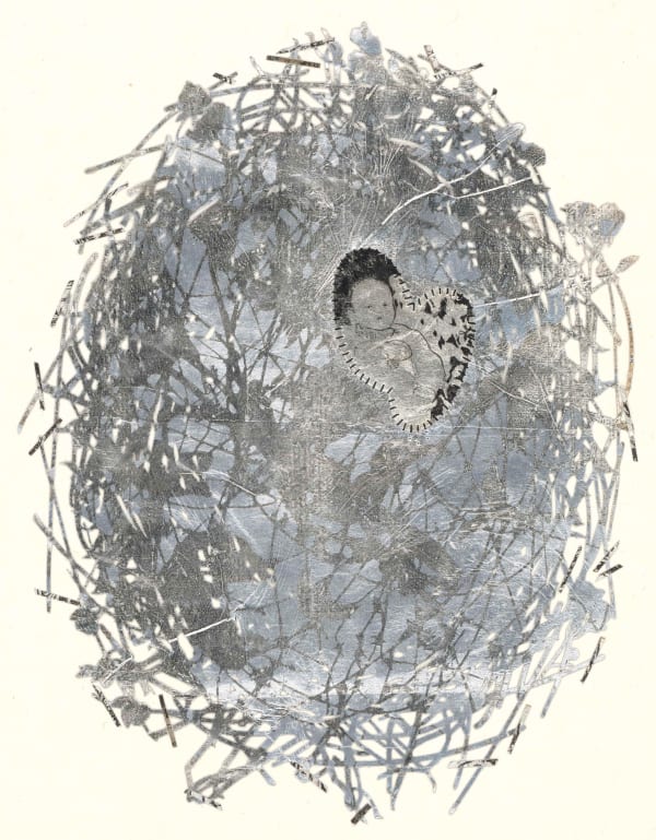 黃至正 HUANG Chih Cheng 巢 3 Nest 3, 2024 繡線、棉線、墨、顏料墨水、水性顏料、鋁箔、銀箔、楮皮紙、韓國壯紙 Embroidery, cotton thread, ink, pigment ink and watercolor on aluminum foil, silver foil, mulberry paper and jangji paper 18 7/8 x 15 in 48 x 38 cm