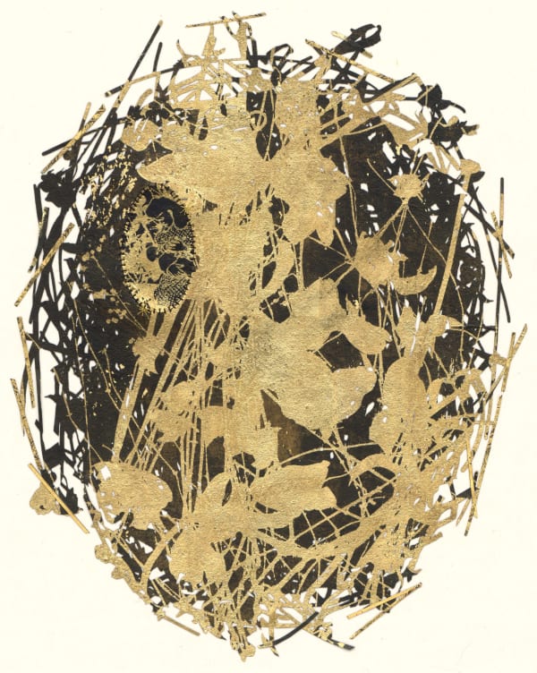 黃至正 HUANG Chih Cheng 巢 4 Nest 4, 2024 繡線、棉線、墨、顏料墨水、水性顏料、金箔、銅箔、楮皮紙、韓國壯紙 Embroidery, cotton thread, ink, pigment ink and watercolor on gold foil, copper foil, mulberry paper and jangji paper 18 7/8 x 15 in 48 x 38 cm