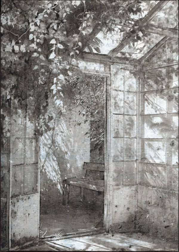 黃至正 HUANG Chih Cheng 蘆笛 Reed Flute, 2024 墨、顏料墨水、水性顏料、銀箔、韓國壯紙 Ink, pigment ink and watercolor on silver foil and jangji paper 53 1/2 x 38 1/4 in 136 x 97 cm