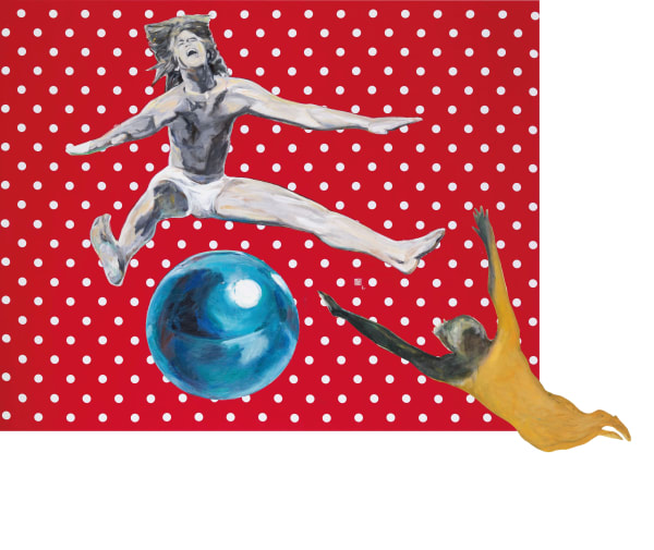 顧福生 Fu-Sheng KU 玩球 Playing Ball, 2011 綜合媒材/印花布、1件畫布拼貼 Mixed media on printed calico & 1 cutouts 57 1/8 x 70 7/8 in 145 x 180 cm