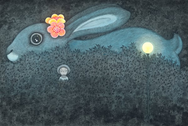 幾米 Jimmy Liao 囈語呢喃 In a Trance, 2021 壓克力顏料、水彩、油性簽字筆／紙 Acrylic, watercolor and marker on paper 15 1/8 x 22 1/2 in 38.5 x 57 cm