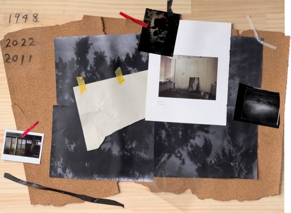 曹良賓 Liang-Pin TSAO 細路拼湊 A Recollection of Szeto Keung, 2022 RC相紙、45正片、書冊扉頁、影印紙、紙膠帶、拍立得相紙、筆記紙、45正片護套、軟木墊、炭精筆/木板 Resin coated paper, 4x5 reversal film, book title page, printing paper, masking tape, polaroid film, note paper, 4x5 reversal film preserver, cork mat and pure carbon on wood 23 5/8 x 32 1/8 x 3/4 in 60 x 81.5 x 2 cm
