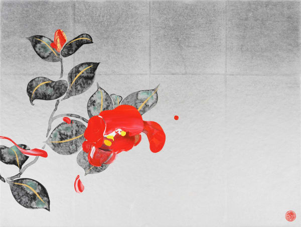 品川亮 RYO SHINAGAWA 雪椿 Yukitsubaki (Camellia), 2023 天然礦物顏料、銀箔、墨、壓克力顏料、金泥、牛膠/紙 Natural pigment, silver foil, ink, acrylic, gold and glue on paper 14 3/4 x 19 1/2 in 37.5 x 49.5 cm