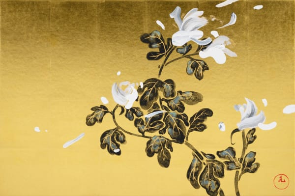 品川亮 RYO SHINAGAWA 菊圖 Chrysanthemum, 2023 天然礦物顏料、墨、壓克力顏料、金箔、牛膠/紙 Natural pigment, ink, acrylic, gold foil and glue on paper 19 3/4 x 29 1/2 in 50 x 75 cm