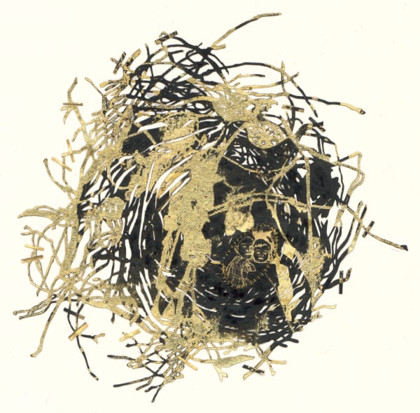 黃至正 HUANG Chih Cheng 巢 5 Nest 5, 2024 繡線、墨、顏料墨水、水性顏料、金箔、銅箔、楮皮紙、韓國壯紙 Embroidery, ink, pigment ink and watercolor on gold foil, copper foil, mulberry paper and jangji paper 15 x 13 3/4 in 38 x 35 cm