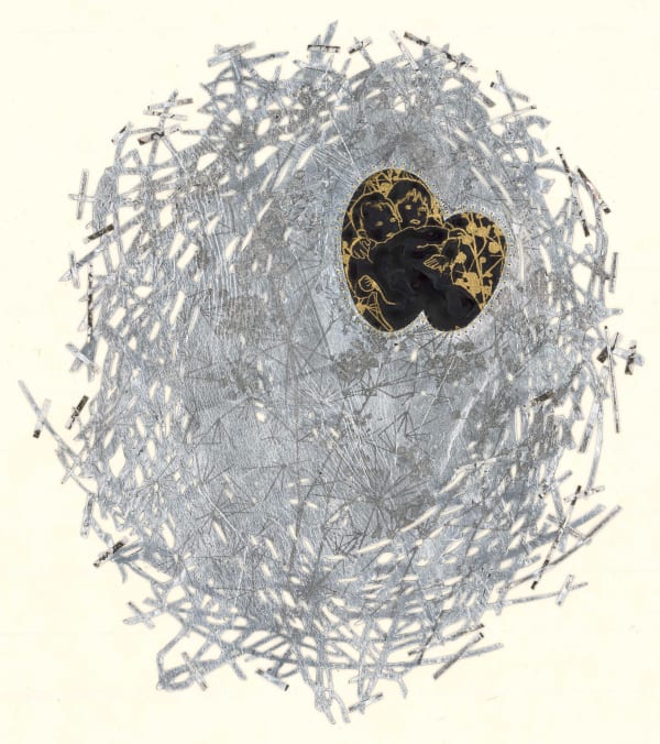 黃至正 HUANG Chih Cheng 巢 7 Nest 7, 2024 繡線、墨、顏料墨水、水性顏料、金箔、銅箔、鋁箔、銀箔、楮皮紙、韓國壯紙 Embroidery, ink, pigment ink and watercolor on gold foil, copper foil, aluminum foil, silver foil, mulberry paper and jangji paper 15 x 13 3/8 in 38 x 34 cm