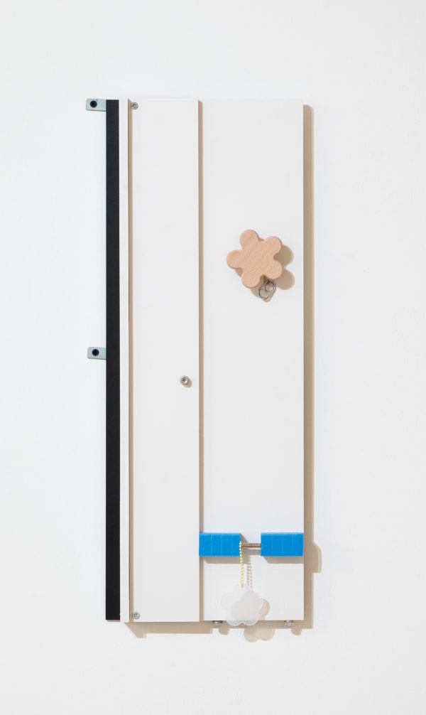 龔寶稜 Pao-Leng KUNG Twins, 2023 金屬、塑膠、發泡板、螺絲、防撞泡棉、木頭、珠鏈、矽膠、貼紙、磁鐵、修補貼 Metal, plastic, foamex board, screws, door protector, wood, ball chain, silicone, stickers, round magnet, screen patches 61 x 26 x 3 cm