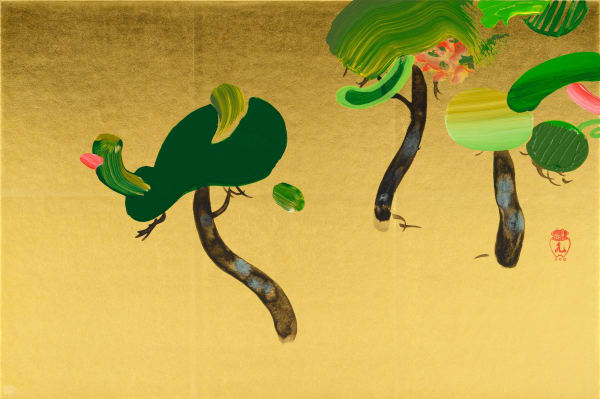 品川亮 RYO SHINAGAWA 松圖 Pine, 2023 天然礦物顏料、墨、壓克力顏料、金箔、牛膠/紙 Natural pigment, ink, acrylic, gold foil and glue on paper 9 7/8 x 14 3/4 in 25 x 37.5 cm