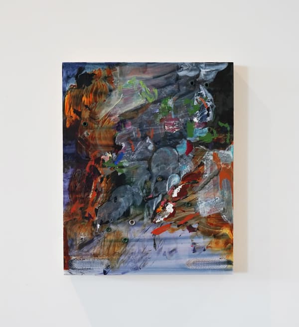 龔寶稜 Pao-Leng KUNG 迴力鏢 Boomerang, 2024 壓克力顏料、貼紙、孔眼、紗線/ 木製繪畫面板 Acrylic, stickers, eyelets and yarn on gesso board 30 x 24 x 2.2 cm